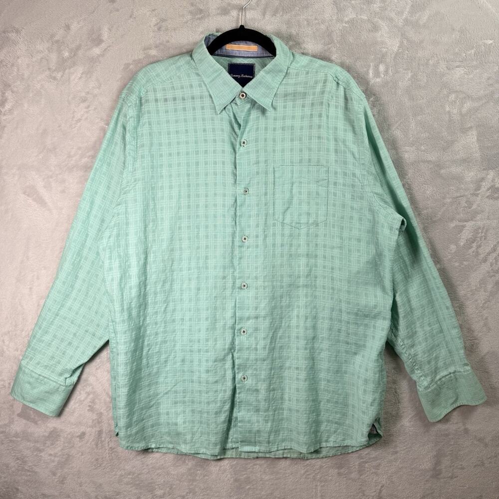 Tommy Bahama Linen Cotton Button Up Shirt Men's Large‎ Green/Blue Teal Check